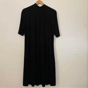 Susan Graver Liquid Knit Mock-Neck Elbow-Sleeve Midi Dress L Pockets Classic